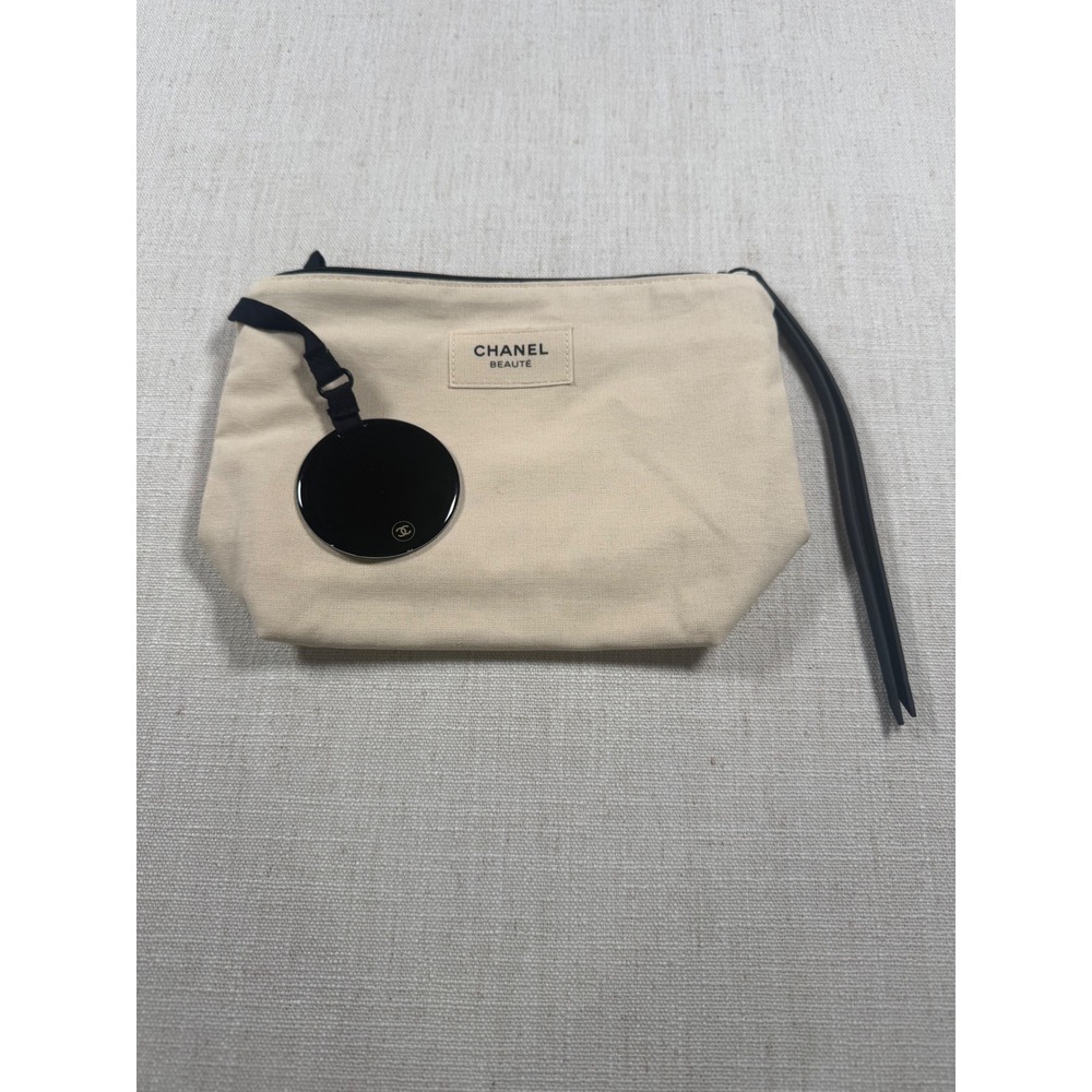 Chanel Beaute Cream Canvas Makeup Pouch with Attached Mirror and Zipper Pocket